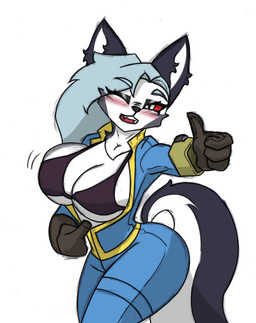 anthro big_breasts black_bra black_clothing black_underwear bra breasts cleavage clothed clothing female gesture hand_gesture one_eye_closed open_suit red_sclera small_waist solo tail thick_thighs thumbs_up underwear vault_suit white_eyes wide_hips wink pace-maker fallout hellaverse helluva_boss microsoft mythology loona_(helluva_boss) canid canid_demon canine demon hellhound mammal mythological_canine mythological_creature