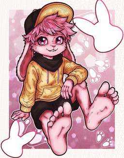 5_toes ambiguous_gender anthro black_bottomwear black_clothing black_shorts bottomwear buckteeth clothed clothing detailed_background eyelashes feet fur hair hat headgear headwear hoodie paws pink_body pink_eyes pink_fur pink_hair rabbit_ears shorts solo teeth toes topwear yellow_clothing yellow_hat yellow_headwear yellow_hoodie yellow_topwear kaniho_90 nomi_(kaniho_90) lagomorph leporid mammal rabbit