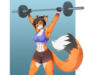 abs anthro barbell black_hair bottomwear bra clothed clothing deadlift dipstick_tail exercise female fluffy fluffy_tail fur hair markings midriff multicolored_tail muscular muscular_anthro muscular_female orange_body orange_fur shorts solo sports_bra standing tail tail_markings underwear weightlifting weights workout demontoid rosaline_(bronx23) canid canine fox mammal red_fox true_fox absurd_res hi_res