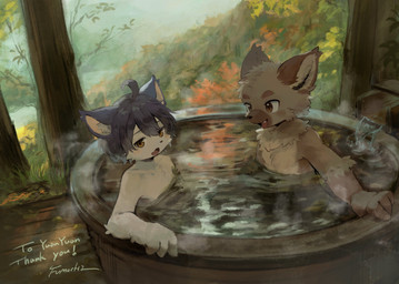 anthro bathing_together black_hair brown_body brown_eyes brown_fur duo fangs fur hair male nude open_mouth plant smile teeth tree water white_body white_fur yellow_eyes fumochi_n mammal absurd_res hi_res