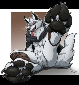 4_toes anthro bottomless cheek_tuft chest_tuft claws cloak clothed clothing crotch_tuft facial_markings facial_tuft fangs feet fluffy fluffy_paws fluffy_pubes fluffy_tail foot_focus foot_tuft fur fuzzy glistening glistening_pawpads grey_body grey_fur half-closed_eyes head_markings head_tuft inner_ear_fluff leg_wraps looking_at_viewer male male_anthro markings mask_(marking) narrowed_eyes neck_tuft on_ground open_mouth open_smile partially_clothed paw_tuft pawpads paws perspective piercing pointy_ears poncho prick_ears pubes raised_leg raised_paw red_eyes simple_background sitting smile solo tail teeth thick_pubes toes tongue tongue_out tongue_piercing tuft whisker_spots whiskers wrapped_legs wraps pawzzhky dreamworks puss_in_boots_(franchise) death_(puss_in_boots) canid canine canis mammal wolf hi_res