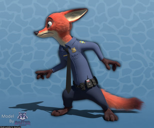 3_toes 4_fingers accessory anthro badge barefoot belt black_nose blue_bottomwear blue_clothing blue_pants blue_shirt blue_topwear bottomwear claws clothed clothing collared_shirt countershading ears_down electronics feet fingers fluffy fluffy_tail front_view fully_clothed fur gloves_(marking) green_eyes looking_aside male markings mouth_closed multicolored_body multicolored_fur necktie officer on_model pants pivoted_ears police police_officer police_uniform shirt short_legs simple_background solo standing tail text toe_claws toes topwear two_tone_body two_tone_fur uniform utility_belt walkie-talkie rasterraccoon disney zootopia nick_wilde canid canine fox mammal red_fox true_fox 3d_(artwork) blender_(artwork) digital_media_(artwork) english_text hi_res