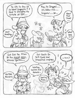 anthro back_wings bottomwear clothing coat cutie_mark detective_hat dialogue eyebrows eyelashes facial_hair female group harp hat headgear headwear horn male musical_instrument mustache notebook pleated_skirt plucked_string_instrument skirt sleeping speech_bubble string_instrument text thick_eyebrows tired topwear transformation trenchcoat trio unicorn_horn wings circe_(artist) friendship_is_magic hasbro my_little_pony mythology pink_panther_(series) groucho_marx inspector_jacques_clouseau louise_the_singing_harp_(mlp) marx_brothers mauve_minx twilight_sparkle_(mlp) earth_pony equid equine horse mammal mink monster mustelid musteline mythological_creature mythological_equine pony true_musteline winged_unicorn black_and_white comic english_text monochrome traditional_media_(artwork)