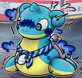 after_transformation ambiguous_gender ambulance blue_body blush blush_lines detailed_background exclamation_point feral horn inanimate_transformation mascot mascot_costume question_mark scarf sidewalk smile solo spiral spiral_eyes street surprised tail text transformation entom nintendo pokemon animate_inanimate generation_1_pokemon lapras pokemon_(species) digital_media_(artwork) draw_over hi_res japanese_text
