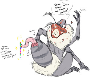 antennae_(anatomy) anthro black_body black_exoskeleton bodily_fluids colored_cum cum dialogue drugs exoskeleton fungus fur genital_fluids genitals gesture hand_on_butt looking_back male mushroom nude penis rainbow_cum silly sitting solo sparkles speech_bubble text unusual_bodily_fluids unusual_cum unusual_genital_fluids waving white_body white_eyes white_fur welcometaco cult_of_the_lamb massive_monster_(studio) sozo_(cult_of_the_lamb) ant arthropod hymenopteran insect english_text sketch