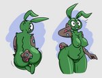 animate_inanimate anthro big_breasts big_butt black_eyes breasts butt cotton_tail eyelashes female front_view generation_5_pokemon genitals green_body grey_background grey_body hand_on_face huge_butt hybrid junkbag lagomorph leporid looking_at_viewer looking_back looking_back_at_viewer mammal nintendo nipples overbite overweight overweight_female pokemon pokemon_(species) pussy rabbit rear_view simple_background smile solo thick_thighs trubbish wide_hips