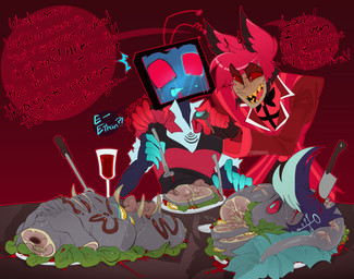 anthro blood bodily_fluids cannibalism character_prepared_as_food chopsticks clothed clothing duo electronics food food_fetish food_play for_a_head gore group hair hard_vore machine male male/male open_mouth screen screen_face simple_background smile sushi tail teeth television text trio vore bileshroom hazbin_hotel hellaverse alastor_(hazbin_hotel) ethan_(hazbin_hotel) vox_(hazbin_hotel) animal_humanoid aquatic cervine deer deer_humanoid demon demon_humanoid eel fish humanoid mammal mammal_humanoid object_head robot satyr screen_head tv_head digital_media_(artwork) english_text hi_res