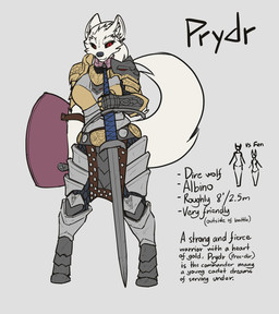 albino anthro armor black_sclera breasts female fur melee_weapon red_eyes shield simple_background solo sword text weapon white_body white_fur zweihander feretta prydr canid canine dire_wolf mammal prehistoric_species digital_media_(artwork) english_text hi_res