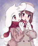 ambiguous_gender anthro blush brown_hair clothed clothing coat cold duo fingers floppy_ears fully_clothed fur hair male scarf topwear white_body white_fur young porygonleft undertale undertale_(series) asriel_dreemurr chara_(undertale) boss_monster_(undertale) bovid caprine human mammal 5:6 hi_res