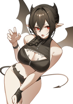 5_fingers black_hair breasts chain collar female fingers front_view hair humanoid_pointy_ears looking_aside membrane_(anatomy) membranous_wings not_furry pointy_ears red_eyes simple_background solo tail white_background wings paszuto arknights hypergryph studio_montagne entelechia_(arknights) humanoid vampire hi_res