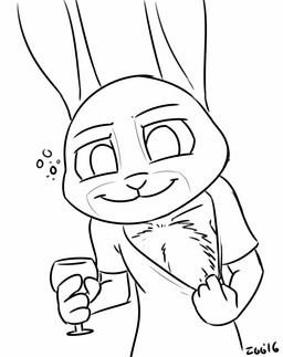 anthro clothed clothing clothing_pull dewlap_(anatomy) drunk female flashing holding_glass holding_object looking_at_viewer shirt shirt_pull simple_background smile solo substance_intoxication topwear topwear_pull white_background tggeko disney zootopia judy_hopps lagomorph leporid mammal rabbit 2016 black_and_white monochrome signature