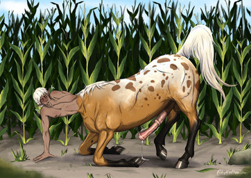 animal_genitalia animal_penis aroused ass_up balls big_penis blush bodily_fluids brown_body corn cornfield dirt dripping embarrassed equine_genitalia equine_penis erection eyes_closed field food genital_fluids genitals hair hiding hooves humanoid_pointy_ears male male_taur markings medial_ring multicolored_body nipples nude nude_male nude_taur penis plant pointy_ears precum precum_drip sheath sky solo spots spotted_body tail white_body white_hair lykostherium european_mythology greek_mythology mythology centaur equid equid_taur equine equine_taur horse horse_taur humanoid_taur mammal mammal_taur taur