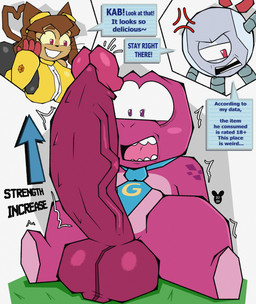 accessory anthro anthro_on_anthro balls big_penis biped breasts cross-popping_vein dialogue erection female female_anthro genitals glans group huge_penis humanoid_genitalia humanoid_penis hyper hyper_genitalia hyper_penis interspecies machine male male/female male_anthro male_focus necktie penis solo_focus style_emulation surprised text trio luanctoons gameoverse glitch_productions gobbles_(gameoverse) kaboodle_(gameoverse) kit_bodega dinosaur domestic_cat felid feline felis mammal prehistoric_species reptile robot scalie 2026 absurd_res english_text hi_res