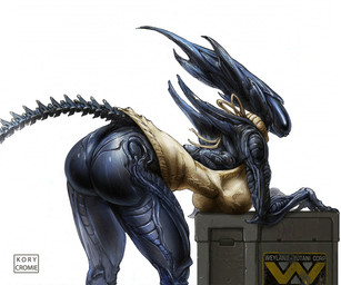 anthro bent_over big_butt black_body breasts butt claws clothing crate female hand_on_breast leaning_on_object multi_arm multi_limb nude presenting presenting_hindquarters shirt simple_background solo spikes tail thick_thighs topwear white_background wide_hips kory_cromie alien_(franchise) alien xenomorph xenomorph_queen hi_res