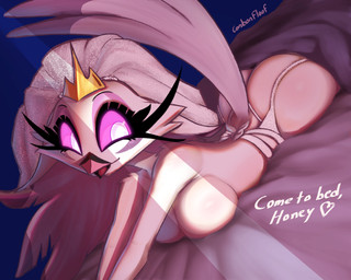 anthro beak bed bedroom belt big_breasts big_butt breasts bridal_lingerie butt cleavage clothed clothing covering crown curvy_figure dialogue excited eyelashes eyeshadow feathers female fur furniture glowing glowing_eyes grey_body grey_fur happy headgear hourglass_figure imminent_sex inside lingerie lying lying_on_bed makeup night nude on_bed on_front panties pink_sclera seductive side_boob small_waist solo stretching tail text topless tuft underwear wedding_veil white_body white_eyes wide_hipped_anthro wide_hipped_female wide_hips carbonfloof hellaverse helluva_boss stella_(helluva_boss) avian bird demon owl owl_demon 2023 5:4 english_text hi_res