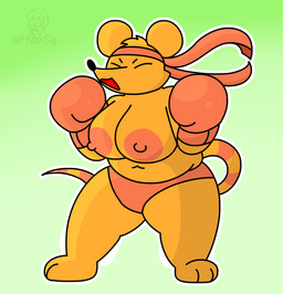 accessory anthro big_breasts boxing_gloves breasts clothed clothing female fur handwear headband headgear headwear nipples orange_body orange_fur panties short shortstack shortstack_female solo standing thick_thighs topless underwear thefreshsig deltarune undertale_(series) orange_(deltarune) mammal mouse murid murine rat rodent absurd_res hi_res