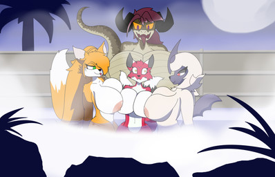 anthro female female/female group safy fixthejakkal fallout microsoft nintendo pokemon absol canid canine deathclaw fox generation_3_pokemon mammal pokemon_(species) reptile scalie absurd_res hi_res