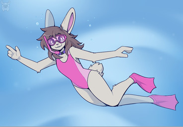 anthro brown_hair clothing collar eyewear female flippers fur goggles grey_body grey_eyes grey_fur hair one-piece_swimsuit pink_clothing pink_swimwear snorkel solo swimming swimming_goggles swimwear underwater water fleurfurr lagomorph leporid mammal rabbit hi_res