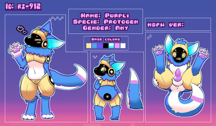 animal_genitalia animal_penis anthro belly blue_body blue_fur blue_hair blue_tail blue_tongue blush canine_genitalia canine_penis dipstick_tail erection eyes_closed front_view fur genitals hair heart_symbol holding_both_legs knot looking_at_viewer looking_back looking_back_at_viewer lying machine male markings on_back pawpads penis presenting presenting_penis protogen_armor protogen_visor rear_view solo tail tail_markings text tongue white_belly white_tail_tip yellow_blush yellow_eyes young bunhideout purpli protogen 2026 absurd_res english_text hi_res model_sheet adult_(lore)