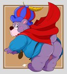 anthro balls belly blush bodily_fluids butt cape clothing cum cum_on_ground eyewear fur genital_fluids genitals glasses kemono male overweight overweight_anthro overweight_male purple_body purple_fur robe solo norataro disney gummi_bears zummi_gummi bear mammal 2010