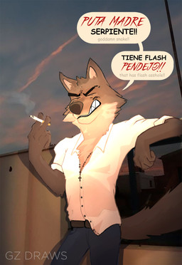 angry anthro cigarette clothing detailed_background dialogue fangs fluffy fluffy_chest grey_body humor male male_anthro shirt smile smoking solo speech_bubble teeth text topwear white_clothing white_shirt white_topwear jayzac dreamworks the_bad_guys mr._wolf_(the_bad_guys) canid canine canis mammal wolf absurd_res english_text hi_res