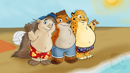anthro beach belly bottomwear brown_body chubby_cheeks clothing countershading group hug humanoid_hands male outside overweight overweight_male seaside shorts sun swimwear yellow_body young kresblain disney zootopia benjamin_clawhauser gideon_grey canid canine cheetah eulipotyphlan felid feline fox hedgehog mammal red_fox true_fox 16:9 2016 widescreen