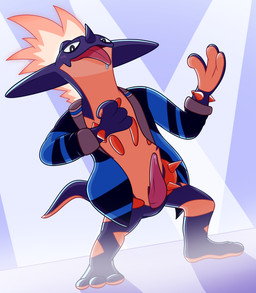 animal_genitalia anthro blush bodily_fluids clothed clothing erection genital_fluids genital_slit genitals horn looking_at_viewer lyrics male open_mouth penis precum presenting presenting_penis purple_body saliva simple_background smile solo stage stage_lights tongue tongue_out skavohno nintendo pokemon fan_character lazlo_(skavohno) amped_toxtricity generation_8_pokemon pokemon_(species) scalie toxtricity digital_drawing_(artwork) digital_media_(artwork) hi_res shaded