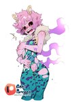 acid black_sclera bodily_fluids breast_squish breasts clothing female hand_on_breast holding_breast horn nervous not_furry open_mouth pink_body pink_skin solo squish steam surprise sweat wardrobe_malfunction goatdraw my_hero_academia ashido_mina horned_humanoid humanoid melting_clothes absurd_res hi_res