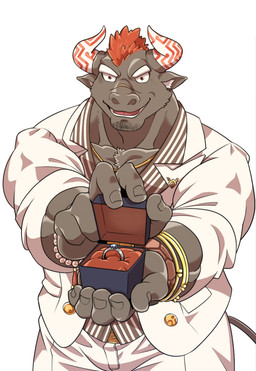 5_fingers anthro brown_body brown_fur clothed clothing digit_ring eyebrows facial_hair facial_scar fingers fur hair horn humanoid_hands inner_ear_fluff jewelry male red_eyes red_hair ring scar simple_background solo thick_eyebrows tuft wedding_ring white_background white_eyebrows grausummon lifewonders tokyo_afterschool_summoners gyumao_(tas) bovid bovine cattle mammal 2021 colored