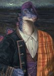 anthro barretina beak bedding blanket blue_body blue_eyes button_(fastener) catalonia clothed clothing collared_shirt crescent_moon embroidered_jacket fantasy folk_clothes green_clothing hat headgear headwear jacket looking_at_viewer male markings moon night orange_clothing outside phrygian_cap plaid purple_clothing purple_hat purple_headwear red_markings river sash shirt solo topwear vest waist_accessory white_clothing white_shirt white_topwear dyna_soar dinosaur ornithischian prehistoric_species reptile scalie stegosaurian stegosaurus thyreophoran charm_(disambiguation) plates_(disambiguation) saurian_(disambiguation) 2023 digital_media_(artwork) digital_painting_(artwork) hi_res portrait signature three-quarter_portrait