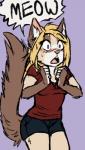 anthro biped blonde_hair blush bodily_fluids bottomwear breasts brown_body brown_fur brown_tail clothed clothing female front_view fully_clothed fur hair multicolored_body multicolored_fur onomatopoeia open_mouth purple_background purple_eyes raised_tail red_clothing red_topwear shirt shocked shorts simple_background solo sound_effects surprise sweat sweatdrop tail tan_body tan_fur text tongue topwear white_body wide_eyed tigerinspace san_(tigerinspace) domestic_cat felid feline felis mammal 2017 digital_media_(artwork) flat_colors reaction_image