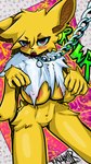 2023 4k 9:16 absurd_res anthro areola blush breasts brradett chain chain_leash digital_drawing_(artwork) digital_media_(artwork) eeveelution english_text female fur generation_1_pokemon hi_res jolteon leash looking_at_viewer nintendo nude open_mouth orange_areola paw_pose pokemon pokemon_(species) pose purple_eyes shaded signature solo text yellow_body yellow_fur