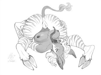 anthro anus big_ears breasts cloven_hooves contortionism dark_nipples female fetlocks flexible fur genitals hair hand_on_butt hooves inner_ear_fluff leg_tuft long_tongue looking_at_viewer lying manga_style markings nipples on_back plump_labia prehensile_tongue presenting presenting_vulva smile smirk solo striped_arms striped_body striped_fur striped_legs striped_markings stripes tail tongue tuft vulva landysh genevieve_lykelle giraffid mammal okapi 2026 black_and_white monochrome