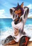 anthro beach bottomless breasts clothed clothing ear_piercing female industrial_piercing kneeling looking_at_viewer piercing shirt shirt_only solo t-shirt t-shirt_only tattoo topwear topwear_only translucent translucent_clothing wet wet_clothing wet_shirt wet_topwear blackblood-queen canid canine canis dobermann domestic_dog mammal pinscher hi_res