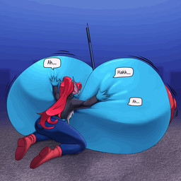 bangs big_breasts big_butt blue_body blush boots bottomwear breast_expansion breast_growth breasts breath butt city clothed clothing cute_fangs denim denim_bottomwear denim_clothing ear_fins expansion eye_patch eyeshadow eyewear fangs female fin footwear growth hair hand_on_breast huge_breasts hyper hyper_breasts jacket jeans kneeling long_hair looking_at_viewer looking_pleasured makeup moan motion_lines motion_outline non-mammal_breasts open_mouth panting pants ponytail raised_arm red_eyeshadow red_hair scarf shirt shoes signpost solo speech_bubble teeth text topwear undershirt white_clothing white_shirt white_topwear yellow_sclera yeahnomaybeyeahno undertale undertale_(series) undyne fish marine monster 1:1 2025