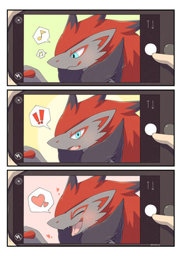 ambiguous_gender anthro blue_eyes blush blush_lines claws duo exclamation_point eyes_closed fangs fur grey_body grey_fur hair heart_symbol looking_at_viewer musical_note musical_symbol open_mouth red_hair simple_background symbol taking_picture teeth tongue rocking_jjj nintendo pokemon generation_5_pokemon human mammal pokemon_(species) zoroark 2025 absurd_res comic hi_res signature