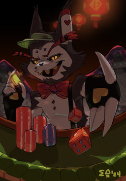anthro bow_tie clothing d6 dice dice_roll fisheye_lens fur grey_body grey_fur hat headgear headwear male poker_chip poker_table sharp_teeth solo teeth visor_cap white_body white_fur wings gabbagebin hazbin_hotel hellaverse husk_(hazbin_hotel) digital_media_(artwork) hi_res