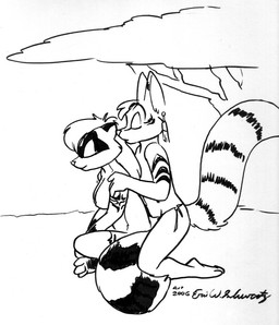 3_toes 4_fingers anthro bottomwear breasts clothed clothed/nude clothed_male clothing crossed_legs duo ear_piercing eyes_closed facial_markings feet female fingers hair head_markings kneeling loincloth long_hair male male/female markings medium_breasts nude on_ground outside piercing plant raised_tail short_hair simple_background sitting spooning striped_markings striped_tail stripes tail tail_markings toes tree tribal tribal_markings white_background eric_schwartz mammal procyonid raccoon 2006 marker_(artwork) monochrome signature traditional_media_(artwork)