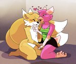 anthro beak black_nose bottomwear breasts clothed clothing countershading duo feet female fur furgonomics heart_symbol nude pink_body skirt smile tail tail_through_skirt talons toes white_body white_countershading yellow_body yellow_fur cavitees anna_(oannablue) avian bird canid canine fox mammal