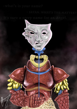 abstract_background ambiguous_gender armor armored_body biblical clothing creepy darkness dirt evil_look gauntlets gloves handwear headless horn looking_at_viewer mask rock sand solo text felipegsilva mark_twain satan angel humanoid living_armor english_text hi_res signature