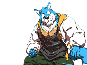 5_fingers black_clothing black_nose blue_body blue_fur bottomwear clothing fingers fur green_bottomwear green_clothing green_pants jacket looking_at_viewer male muscular muscular_male nipples pants shirt simple_background solo split_form tank_top topwear white_background white_body white_clothing white_fur yellow_clothing monapic_chang subaru_(monapic_chang) animal_humanoid canid canine canis domestic_dog humanoid mammal 2023 4:3 digital_drawing_(artwork) digital_media_(artwork)