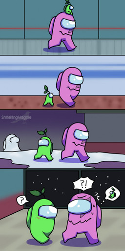 age_progression ambiguous_gender armless biped black_outline blush blush_lines duo exclamation_point leaf logo not_furry outline question_mark sitting_on_head snow snow_sculpture space surprised text walking_on_snow young shriekingmagpie among_us innersloth bean_(shriekingmagpie) crewmate_(among_us) green_(among_us) impostor_(among_us) mini_crewmate_(among_us) vet_(shriekingmagpie) artist_logo comic digital_media_(artwork) english_text hi_res signature