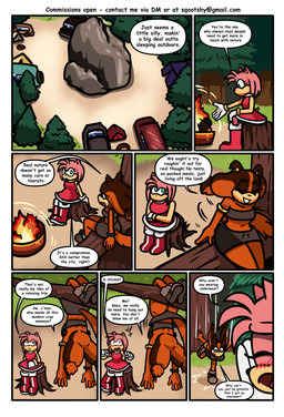 anthro blush blush_lines boots bottomless bottomwear brown_body brown_fur butt campfire camping camping_tent car clothed clothed_anthro clothed_female clothing covered_eyes dialogue dress duo female footwear fully_clothed fully_clothed_anthro fully_clothed_female fur green_eyes grey_bottomwear grey_clothing grey_skirt grey_topwear hanging_upside_down multicolored_body multicolored_fur no_underwear orange_body orange_fur pink_body pink_fur pink_quills plant quills_(anatomy) red_boots red_clothing red_dress red_footwear rock shocked shoes skirt skirt_flip speech_bubble stump surprised tan_arms tan_mouth tents text topwear tree upside_down vehicle himitsu sqootshy sega sonic_boom sonic_the_hedgehog_(series) amy_rose sticks_the_jungle_badger badger eulipotyphlan hedgehog mammal mustelid musteline 2026 absurd_res comic english_text hi_res multiple_scenes url
