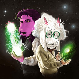 2_horns anthro duo eyewear facial_hair female fur glasses green_eyewear green_glasses hair horn male mouth_closed mustache pink_horn purple_body purple_hair purple_scales round_glasses scales space wearing_glasses white_body white_fur white_hair napsskai deltarune undertale_(series) albert_einstein nikola_tesla ralsei susie_(deltarune) bovid caprine darkner goat mammal scalie 1:1 2025 draw_over english_description meme