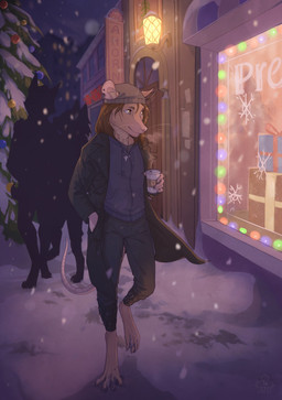 4_toes 5_fingers anthro barefoot beanie beverage bottomwear brown_hair christmas_bauble christmas_decorations christmas_lights christmas_ornament claws clothed clothing coat coffee container cross cross_necklace cup detailed_background digitigrade disposable_cup feet fingers front_view fully_clothed furgonomics gift group hair hand_in_pocket hat headgear headwear holding_container holding_cup holding_object hoodie inner_ear_fluff jewelry light long_coat male necklace night outside pants pockets silhouette smile snow snowing solo_focus steam toes topwear tuft walking whiskers window winter diesel_wiesel volcanins mammal mouse murid murine rodent hi_res