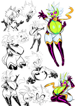 antennae_(anatomy) armwear big_breasts blush boots breasts cleavage clothed clothing curvy_figure duo female fingers footwear gloves green_body green_skin hair handwear high_heeled_boots high_heels horn huge_breasts humanoid_pointy_ears legwear pointy_ears purple_eyes question_mark shoes thick_thighs thigh_boots thigh_highs thought_bubble voluptuous wide_hips theguywhodrawsalot sara_(theguywhodrawsalot) valerie_(theguywhodrawsalot) alien alien_humanoid horned_humanoid humanoid absurd_res hi_res