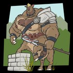 abstract_background armor big_muscles blonde_hair brown_body chest_tuft collar fingers hair hooved_fingers hooves huge_muscles hyper hyper_muscles looking_at_viewer male male/male melee_weapon muscular on_hind_legs pauldron polearm solo spear spiked_collar spikes tuft tusks weapon wristband chrm mammal mammal_taur suid suid_taur suine suine_taur sus_(pig) taur wild_boar 1:1 absurd_res alpha_channel hi_res