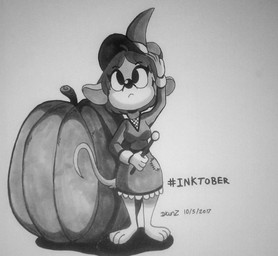 3_toes 4_fingers anthro barefoot black_eyes black_nose clothing dress feet female fingers food fruit hat headgear headwear holding_object looking_up magic_user magic_wand patch_(fabric) plant pumpkin solo standing text toes witch witch_hat megadrivesonic inktober mammal mouse murid murine rodent 2017 character_request dated english_text hi_res monochrome signature
