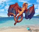 anthro areola beach breasts claws female flying footprint front_view genitals horn membrane_(anatomy) membranous_wings nipples nude outside pussy red_body sand scales sea solo tail umbrella water winged_arms wings redraptor16 european_mythology mythology eztli_(user_55) dragon mythological_creature mythological_scalie scalie western_dragon wyvern absurd_res hi_res