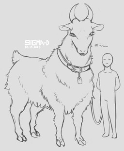 ambiguous_gender cloven_hooves collar duo eyelashes feral fur hooves horn larger_feral leash leashed_collar quadruped simple_background size_difference smaller_human standing sigma-d bovid caprine goat human mammal 2023 dated digital_media_(artwork) hi_res monochrome sketch